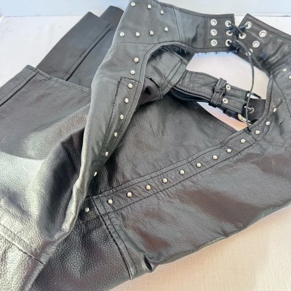 Black Leather Chaps Silver Studs Hot Leather Harley Moto Women’s Sz Small - Picture 7 of 16